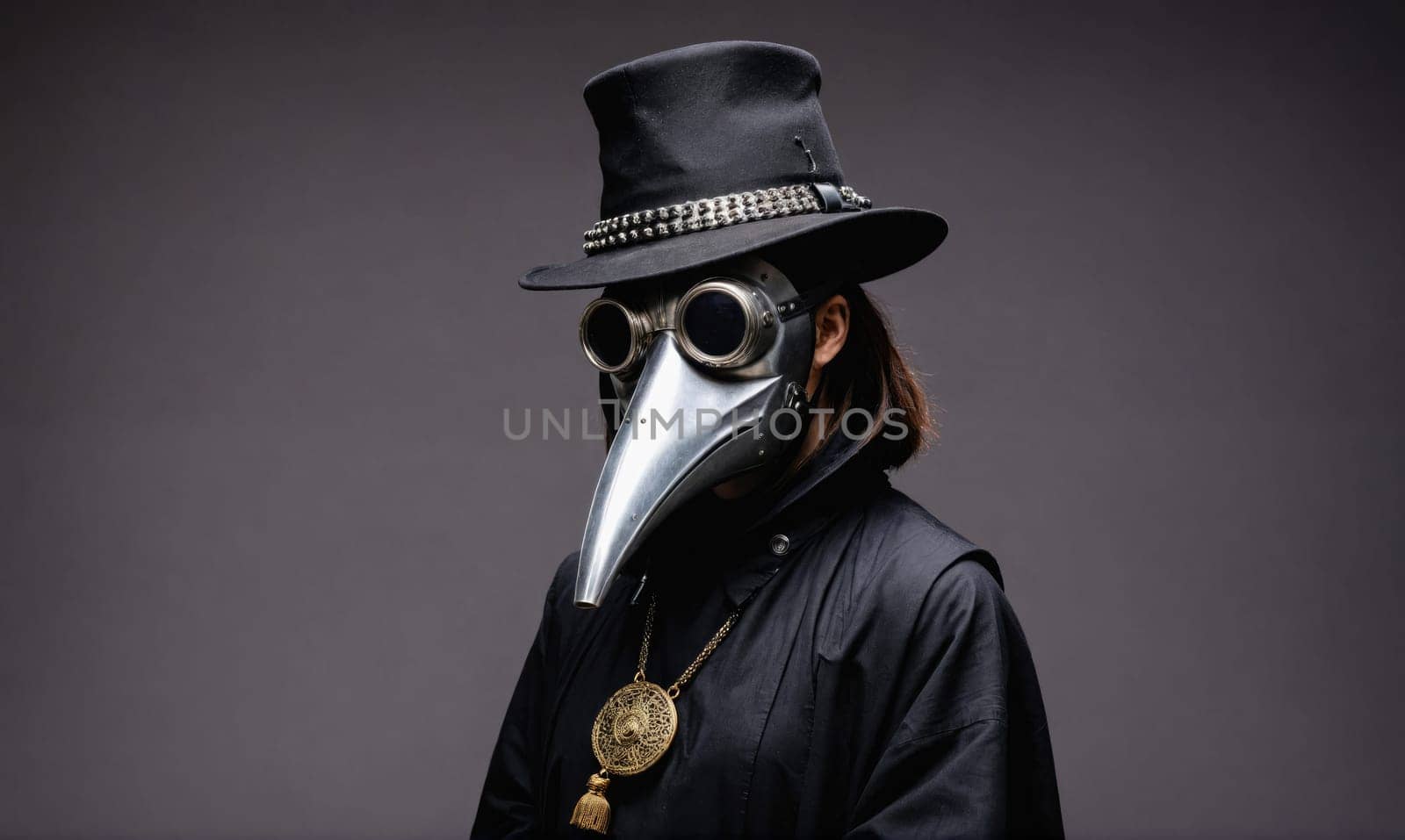 A person wearing a black top hat and a plague doctor mask stands in front of a grey backdrop.