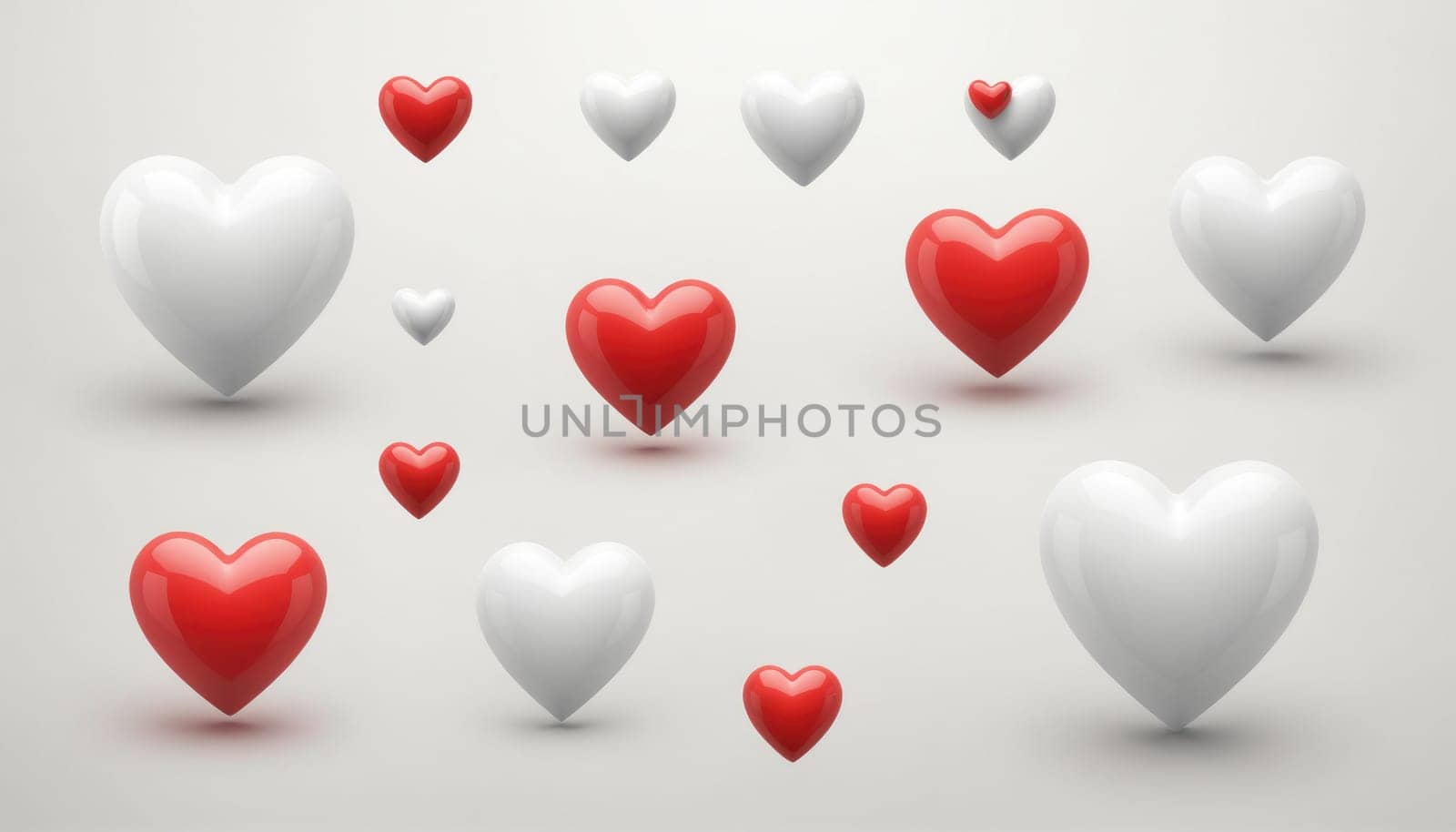 Several red and white heart shapes of varying sizes float in the air against a white background.