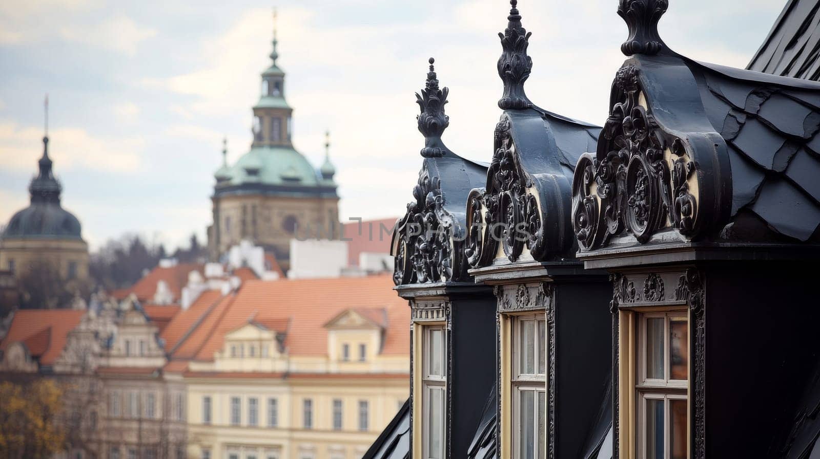Ornate black wrought ironwork decorates a rooftop in a european city. historic buildings with intricate architectural details create a picturesque cityscape. a unique blend of classic style and cultural heritage.