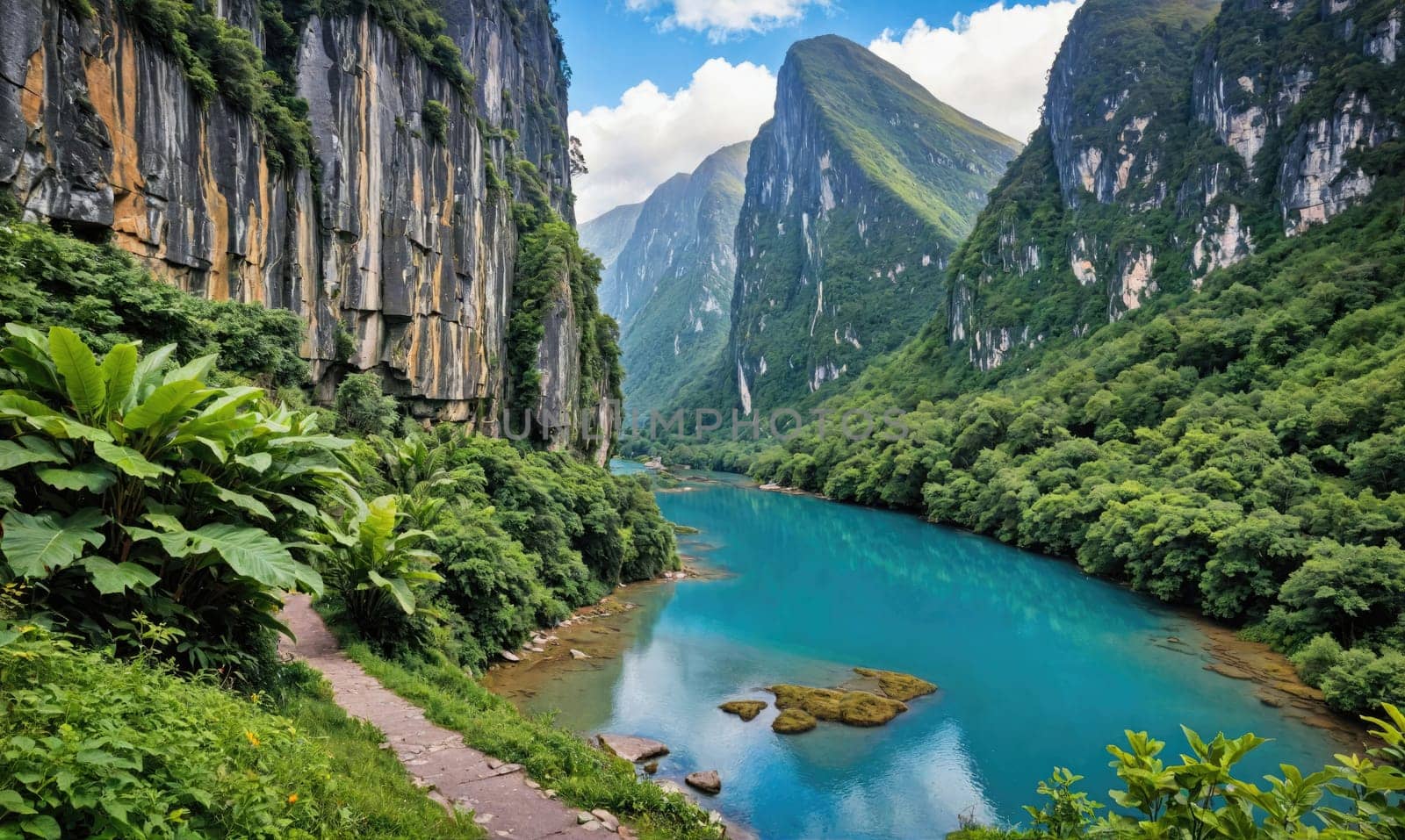 The image showcases a serene landscape in China. A turquoise river winds its way through a deep canyon, flanked by verdant foliage and towering cliffs.