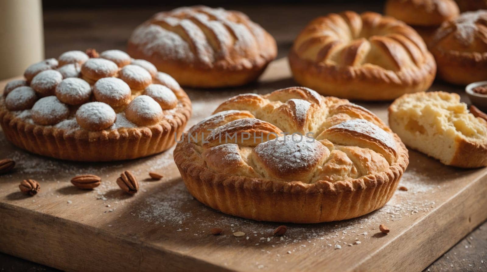 Several pastries, dusted with powdered sugar, are arranged on a wood cutting board. Some are whole, some are cut open, and pecans are scattered on the surface.