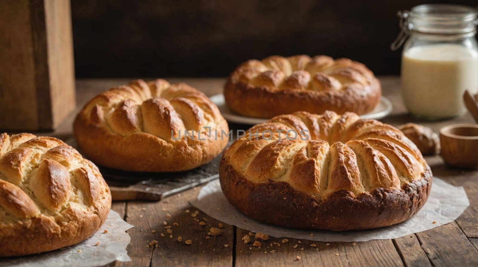 Four loaves of bread are arranged on a wooden table. The loaves are round, have a golden brown crust, and a ring shape. The bread is freshly baked and is still warm.