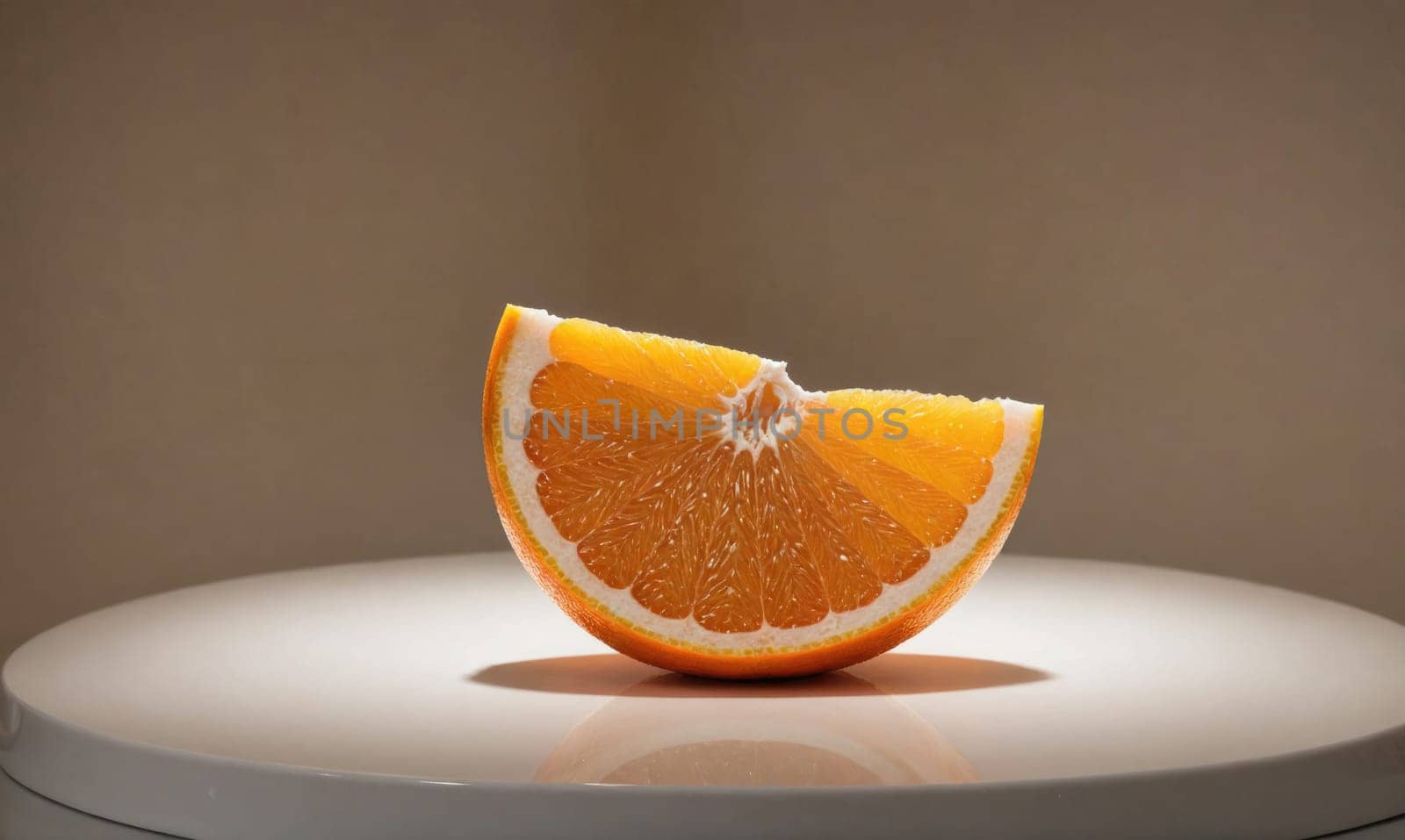 A single slice of orange, cut in half, is sitting on a white, circular surface. The slice is in focus, and the background is a soft, warm brown.