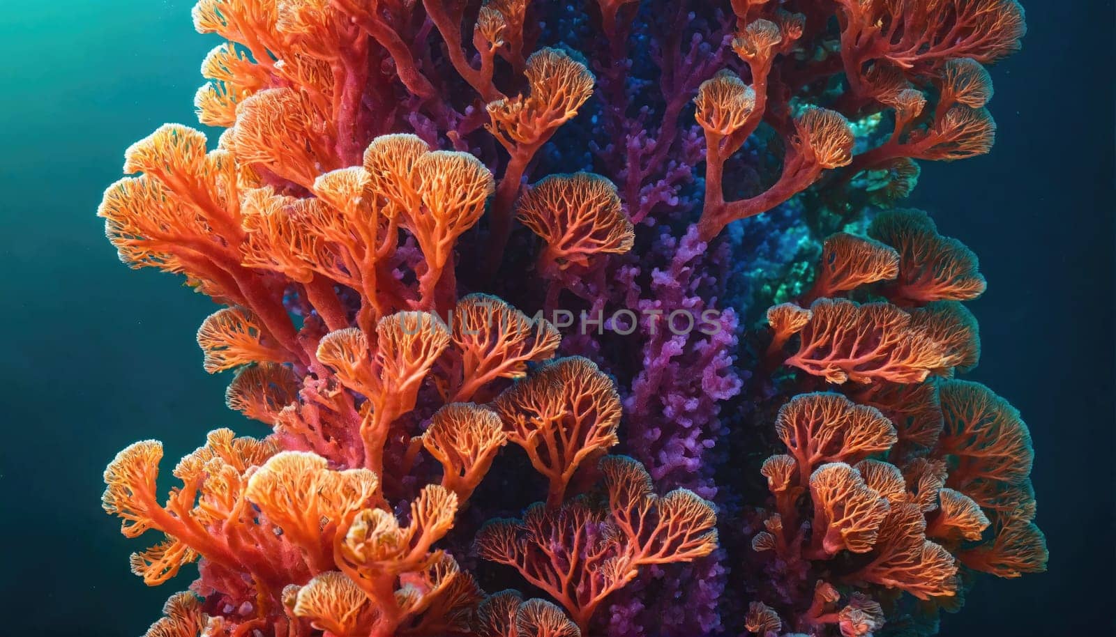 A close-up of orange and purple coral growing against a deep blue background. The orange coral has a delicate, branching structure, while the purple coral is more solid and textured.