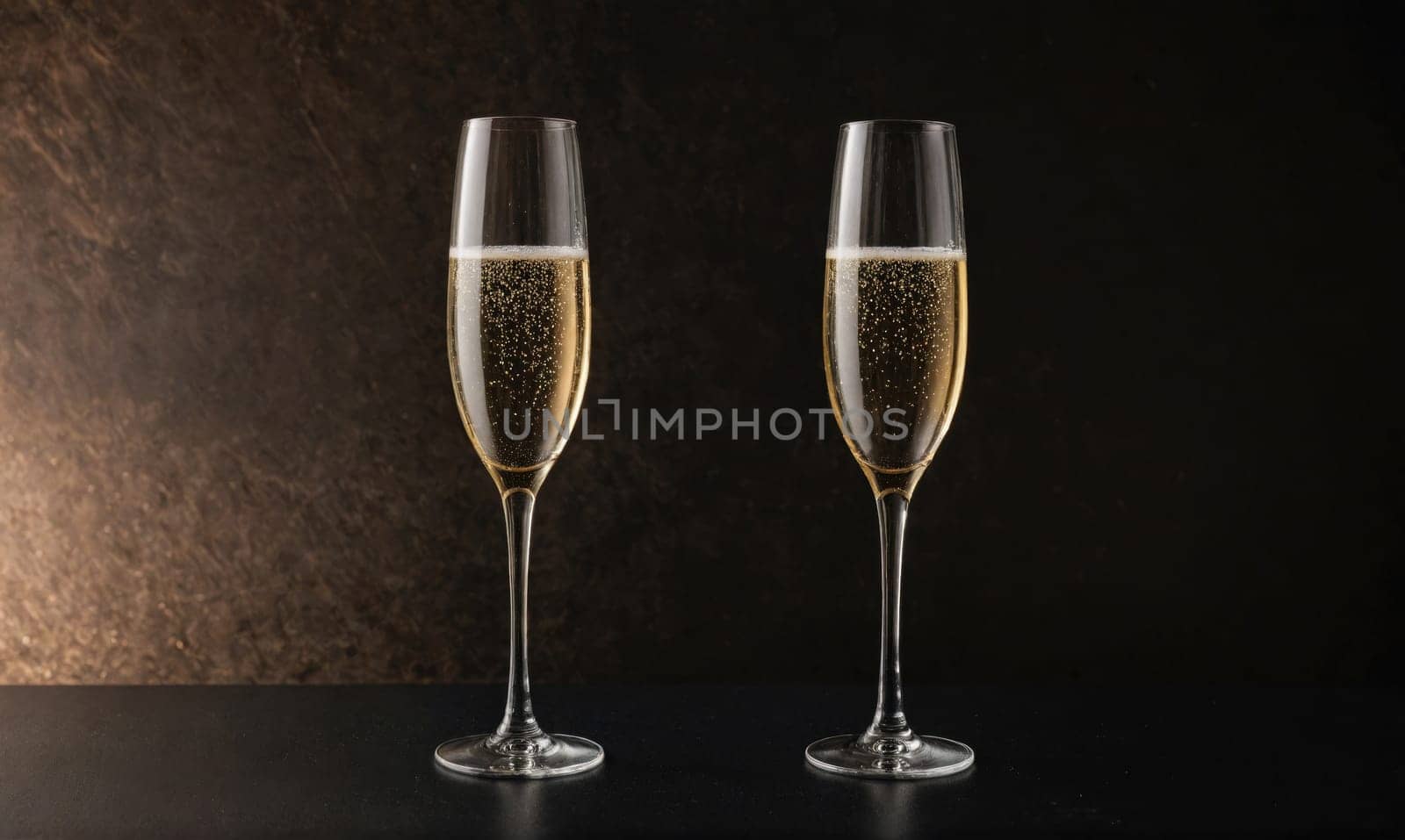 Two champagne flutes filled to the brim with bubbly champagne sit on a black surface. A dark brown background is blurred in the back.