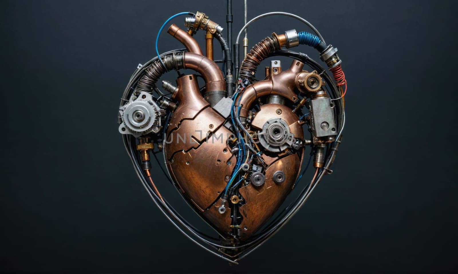 A detailed, close-up view of a metallic heart-shaped object, crafted from copper and steel. The heart is intricately detailed with gears, pipes, and wires, giving it a steampunk aesthetic.