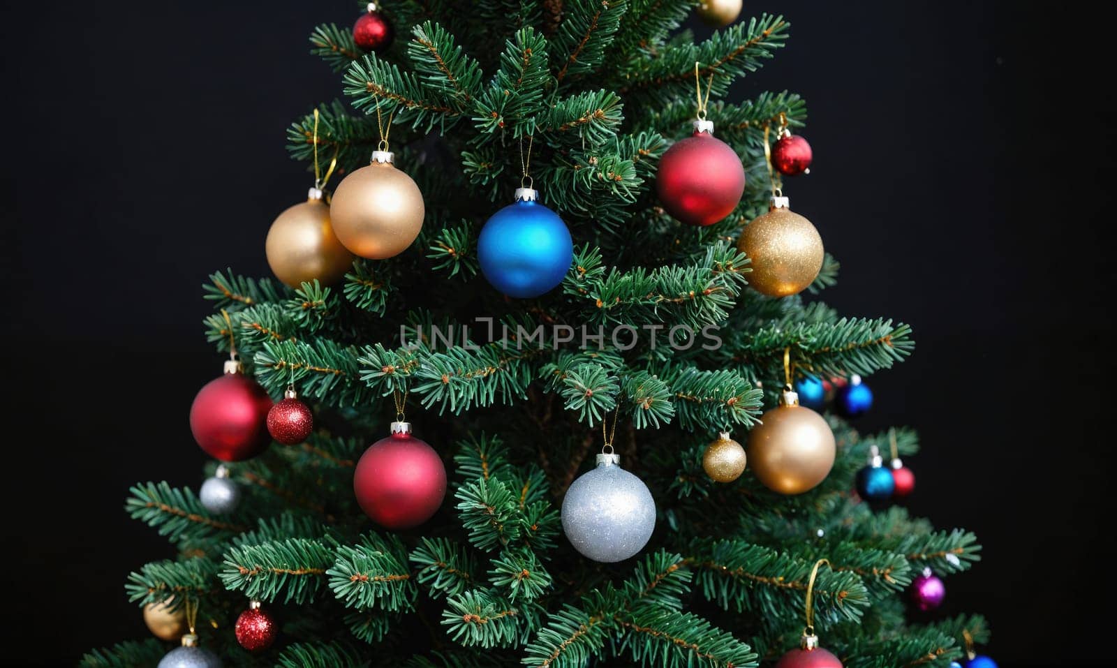 A close-up of a Christmas tree with red, gold, silver, and blue ornaments hanging on the branches. The tree is in front of a black background.
