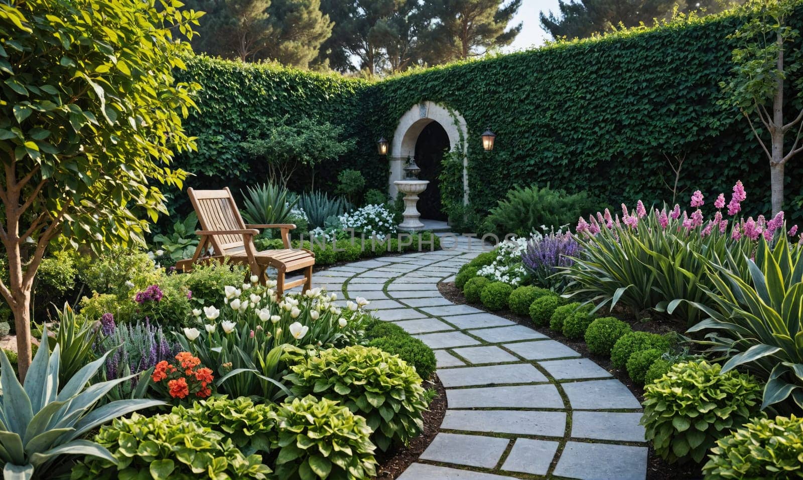 A view of a garden with a winding stone path leading through various flowering plants and shrubs, with a wooden bench in the foreground and a fountain behind a green hedge.