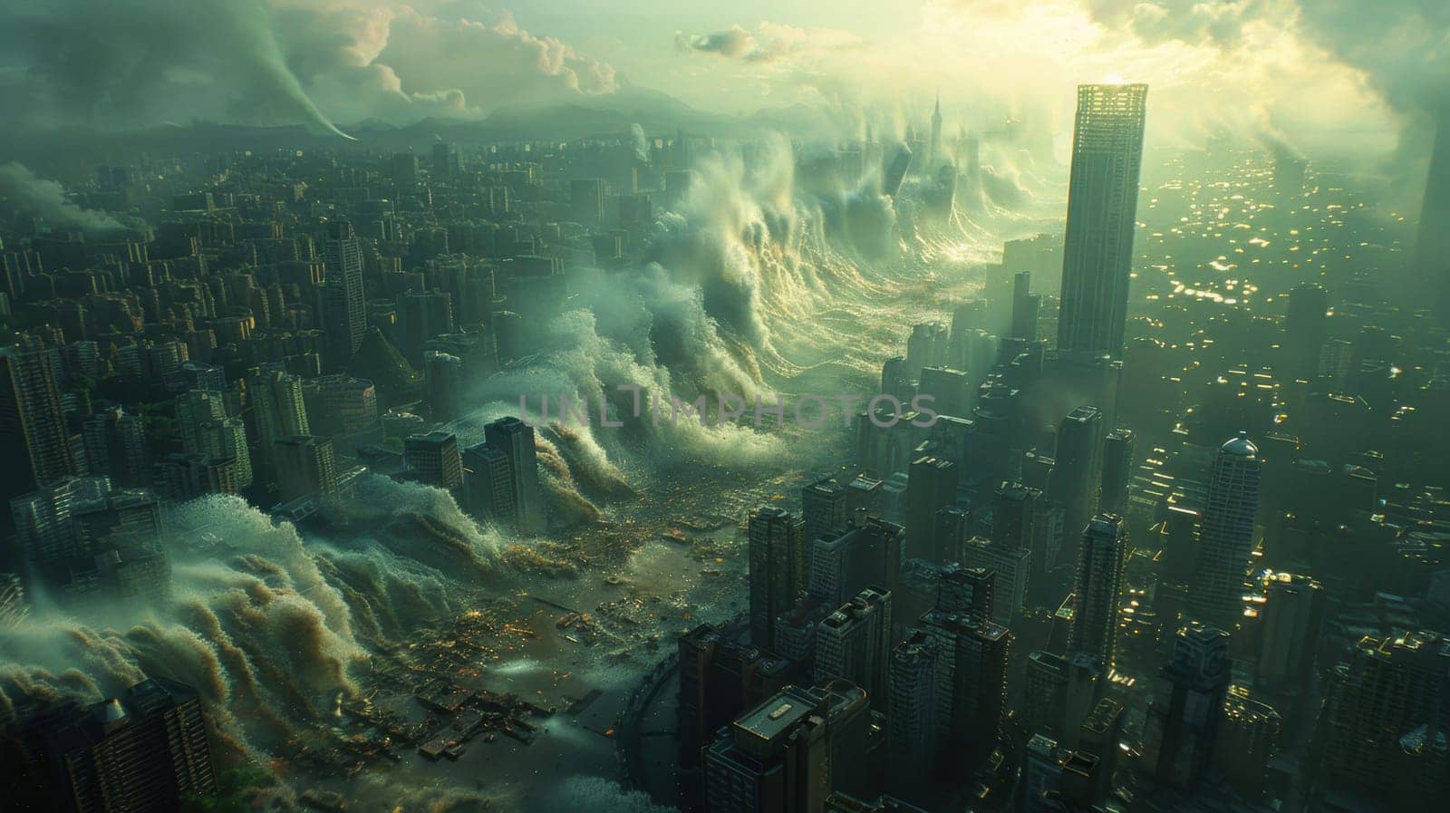 A natural disaster on the embankment. A tsunami hits the coast with houses. Large waves destroy buildings and the embankment.