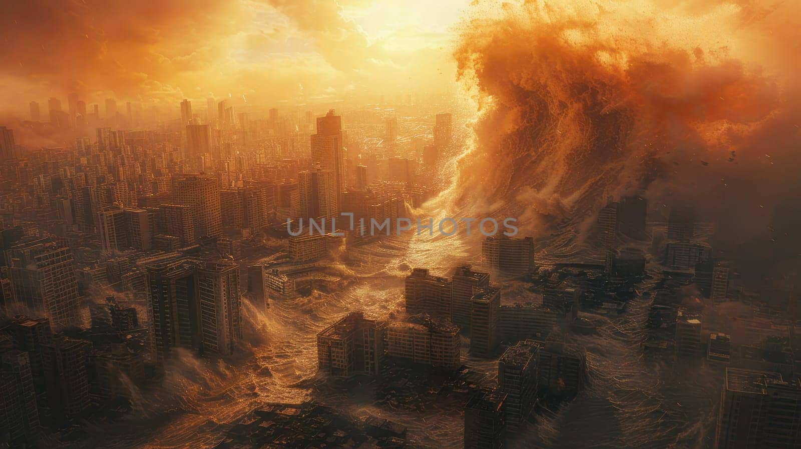 A natural disaster on the embankment. A tsunami hits the coast with houses. Large waves destroy buildings and the embankment.
