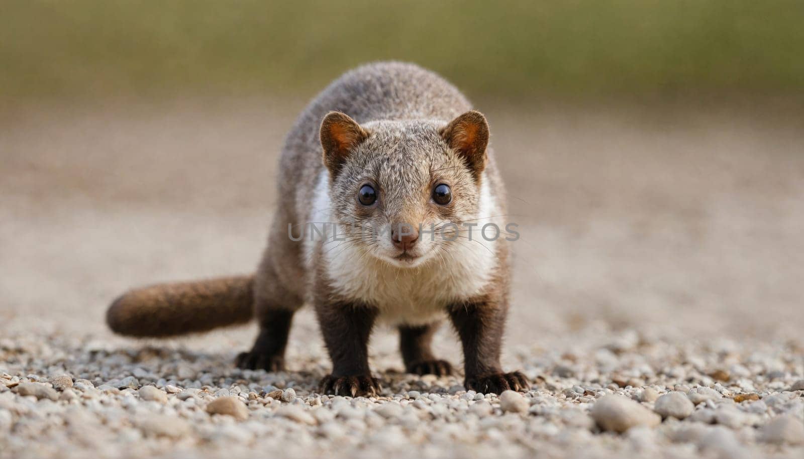 A small civet with a grey and white coat stands on a gravel path, looking directly at the camera with large, dark eyes. Its bushy tail is behind it, and its paws are on the ground.