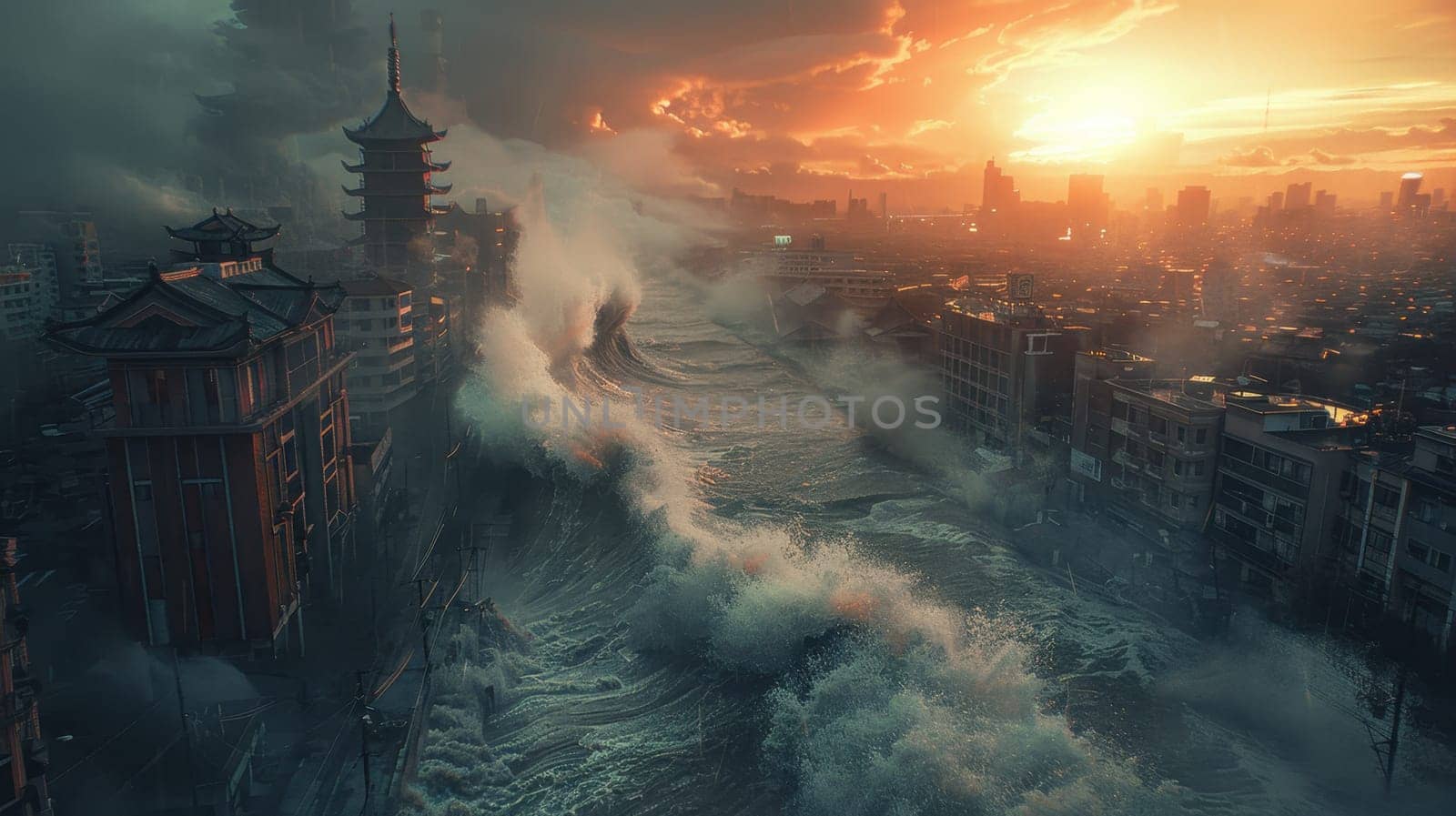 A natural disaster on the embankment. A tsunami hits the coast with houses. Large waves destroy buildings and the embankment.