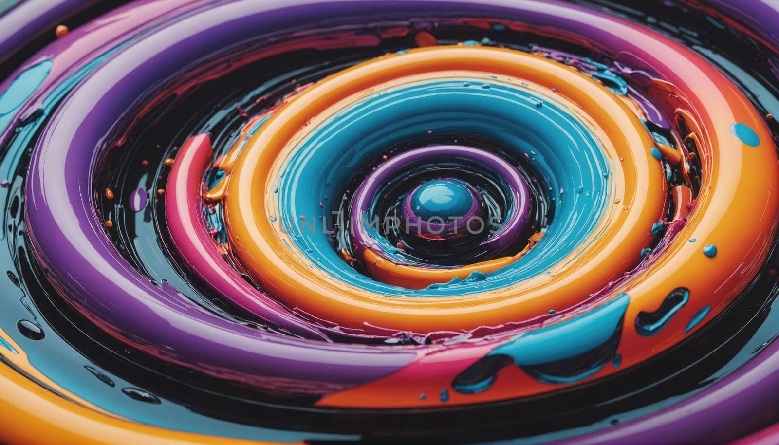 A close-up shot of colorful paint forming concentric circles with a single, round droplet at the center. The paint is swirling in a pattern that creates a sense of motion.