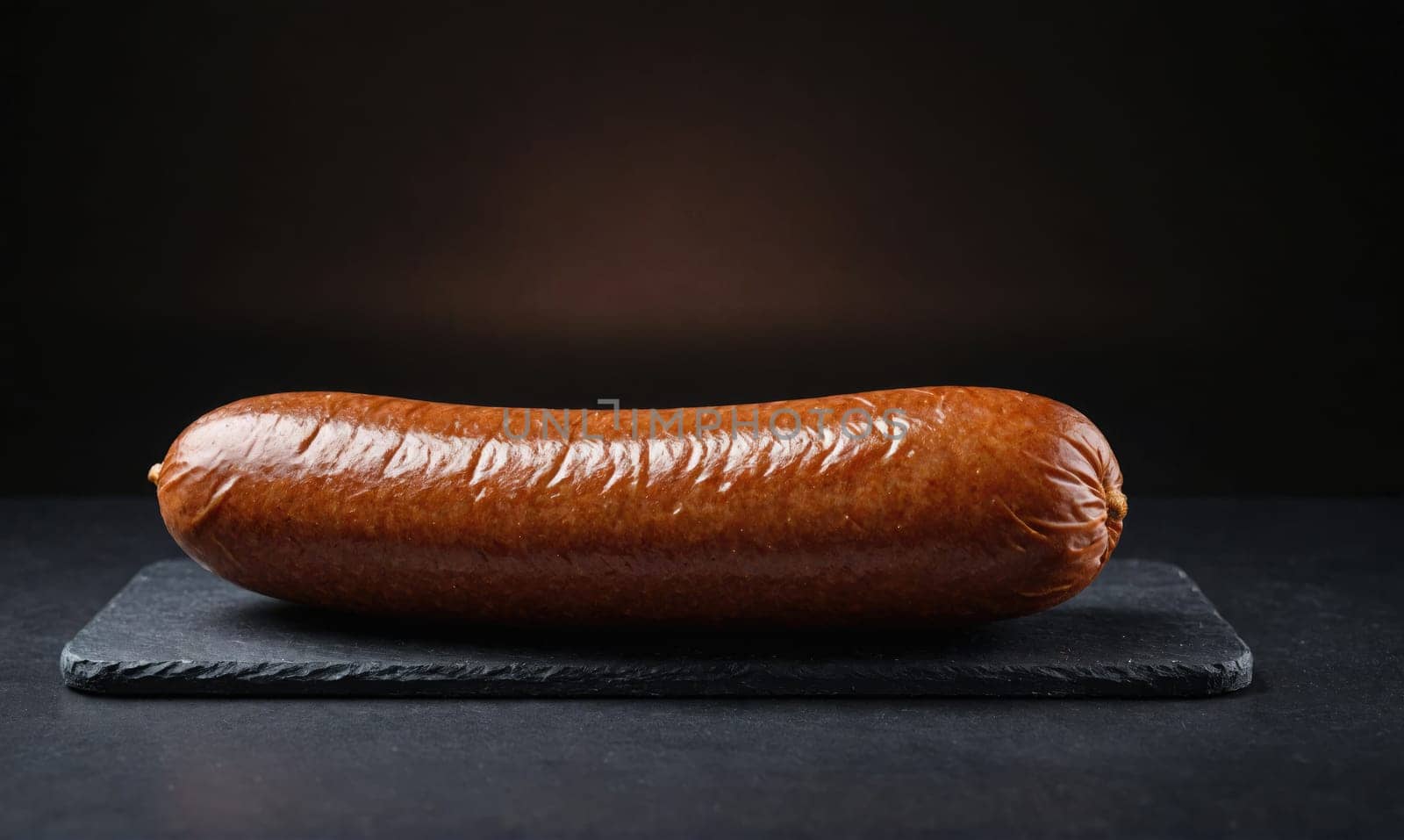 A long, brown sausage sits on a black slate cutting board. The sausage is on a black surface and the background is a dark brown.
