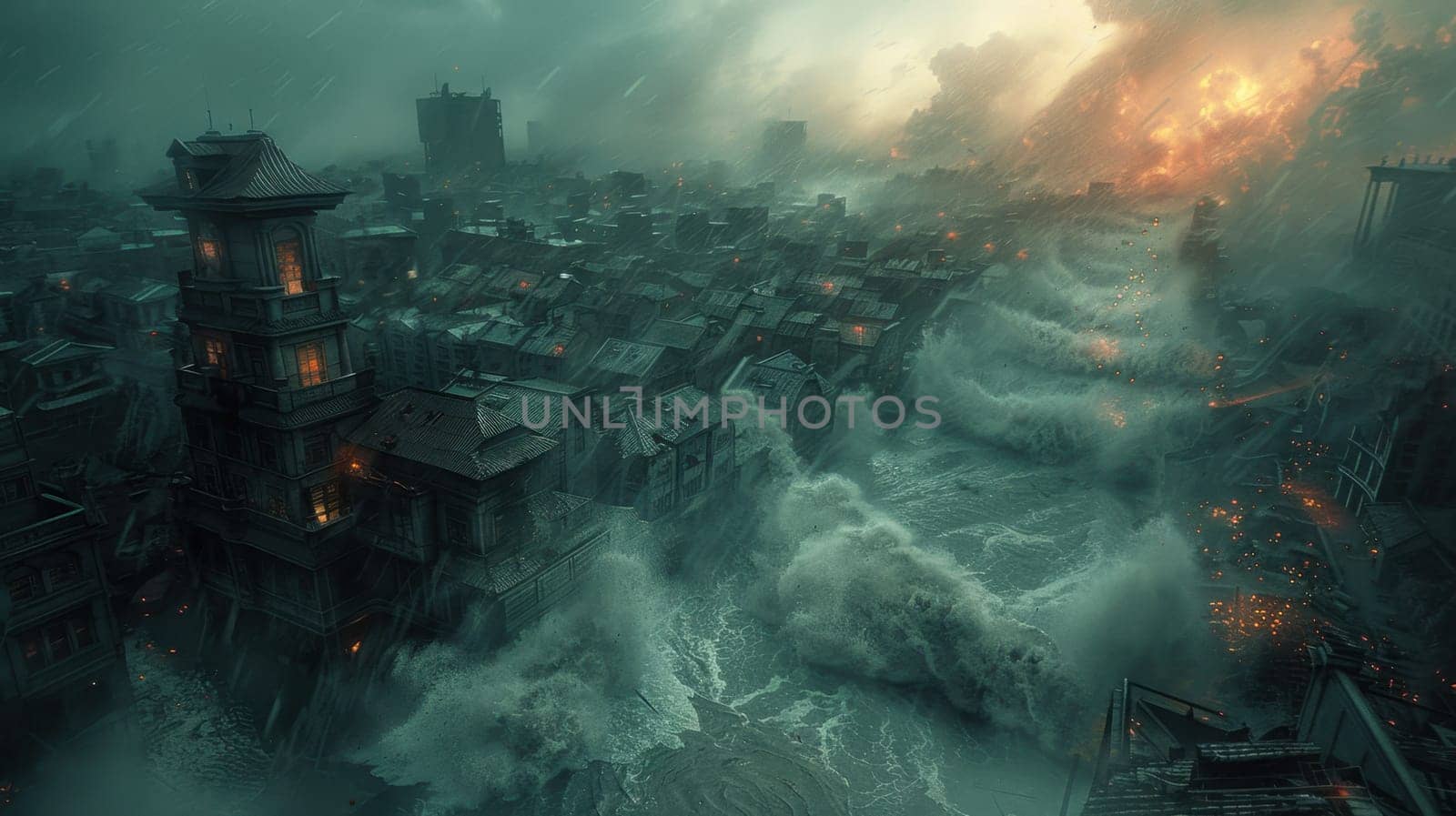 The tsunami demolishes a large building on the coast. Houses on the shore take the brunt of the big waves.