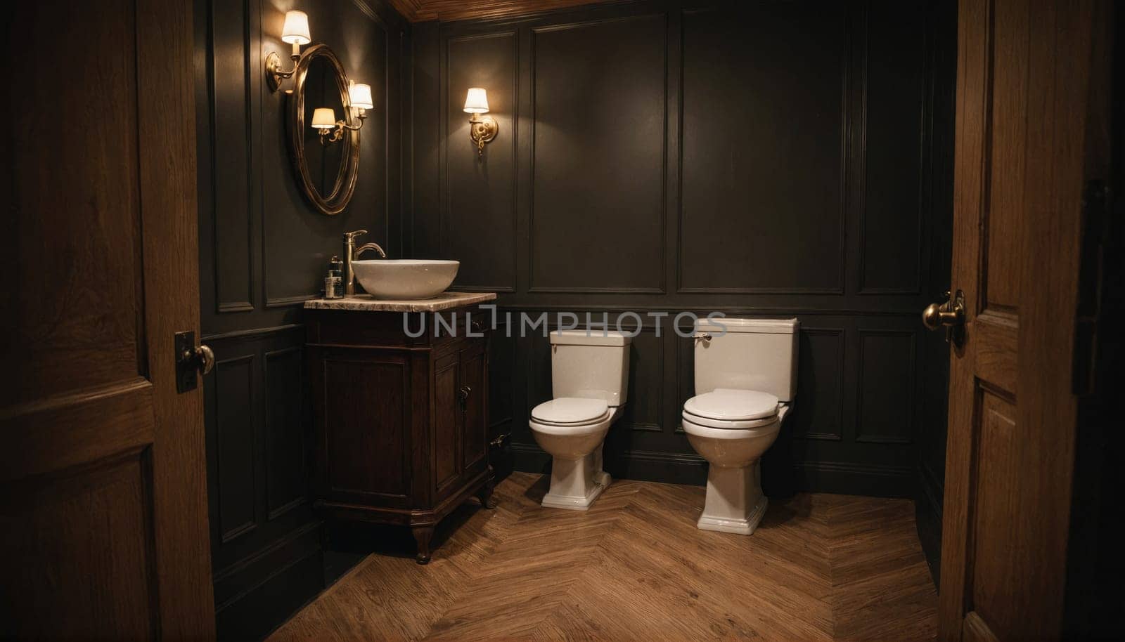 The image shows a small, contemporary bathroom with dark-colored walls and wooden floors. There is a sink with a cabinet underneath, two white toilets, and a mirror.