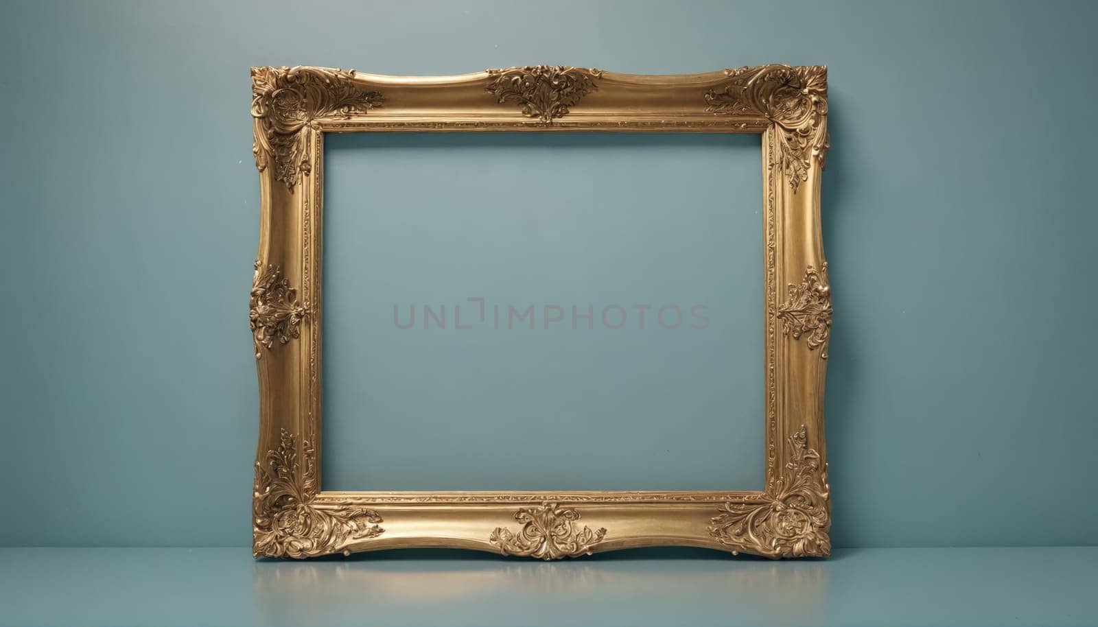 An ornate gold picture frame is displayed on a pale blue wall.
