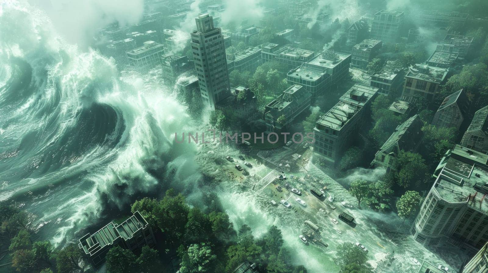 A natural disaster on the embankment. A tsunami hits the coast with houses. Large waves destroy buildings and the embankment.