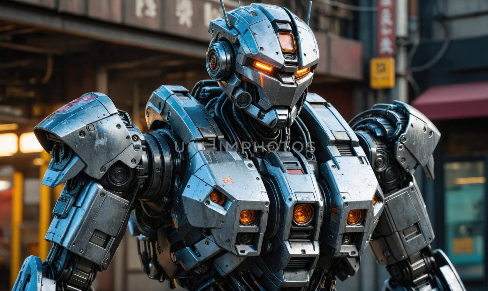 A large, silver robot with glowing eyes stands in front of an urban building. The robot has a large, segmented body with a metal head and arms.
