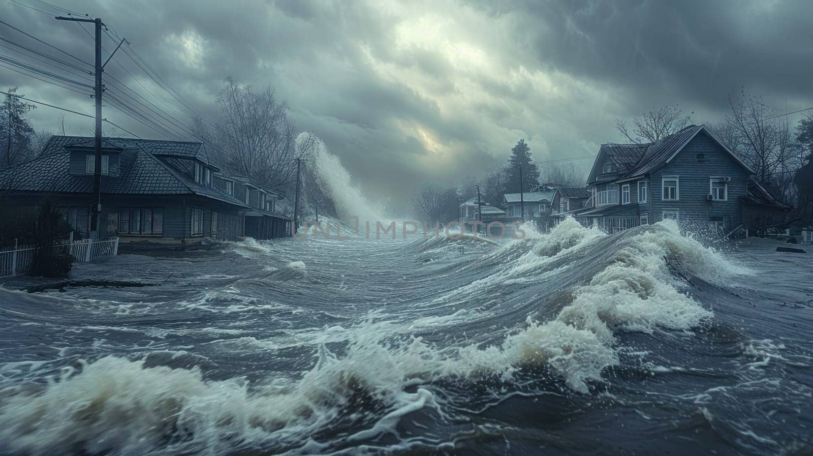 A huge tsunami wave is crashing on the coast with houses. Houses on the shore take the brunt of the big waves.