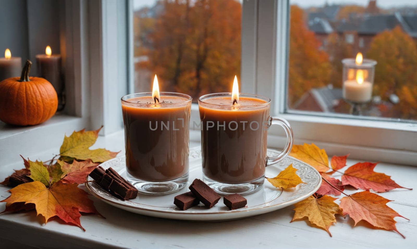 Two lit candles in glass mugs are placed on a white plate with pieces of chocolate and autumn leaves beside a window with an out-of-focus view of fall foliage.