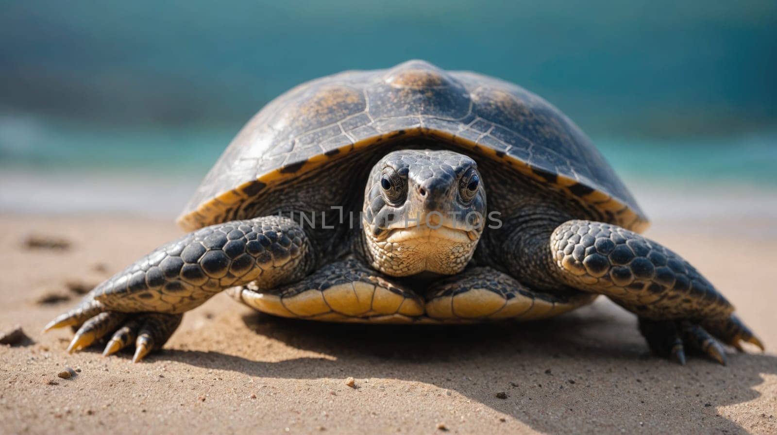 A turtle with a black shell and yellow markings walks on the sand near a blue body of water.