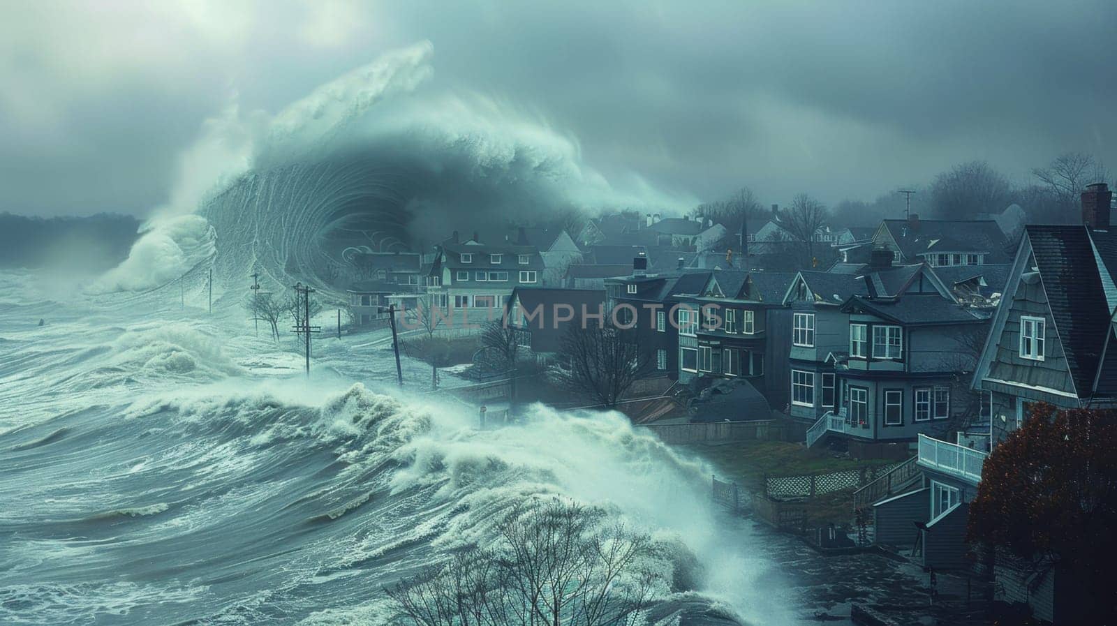 large waves destroy houses in their path. A tsunami is a natural disaster . Houses on the shore take the brunt of the big waves.