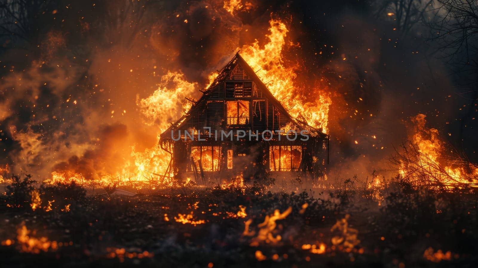 A big fire in a private house. The house is on fire. The house is on fire.