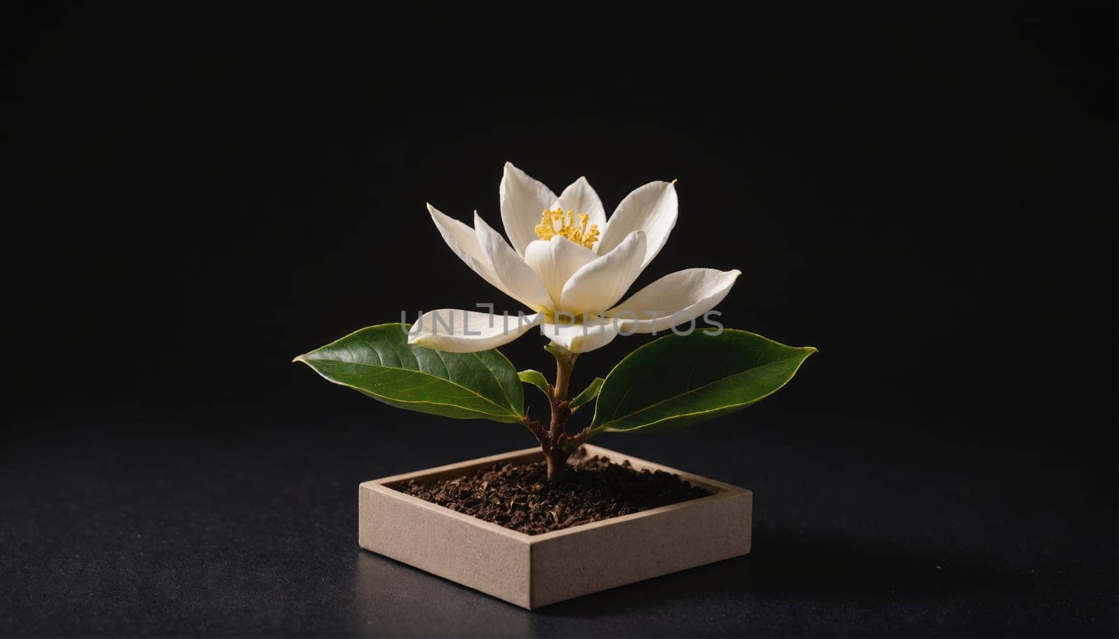 A white flower with yellow center petals and green leaves grows in a square pot with dark soil. The flower and pot are isolated against a black background.