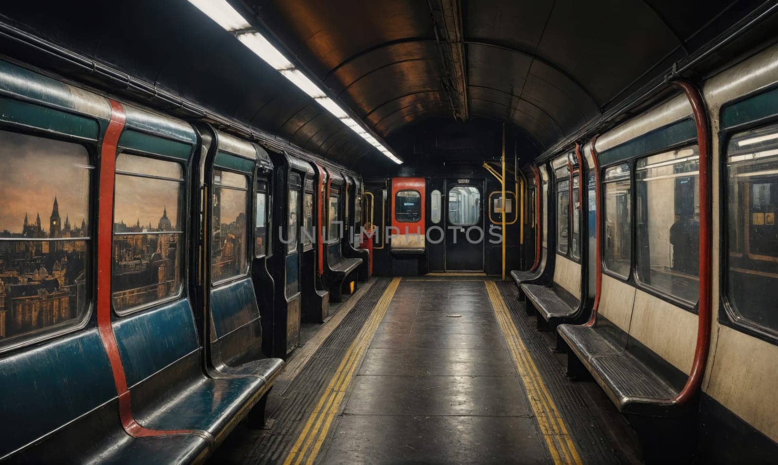 An empty train car with red and orange accents on the door frames and seats. The windows reflect a cityscape with a sunset.