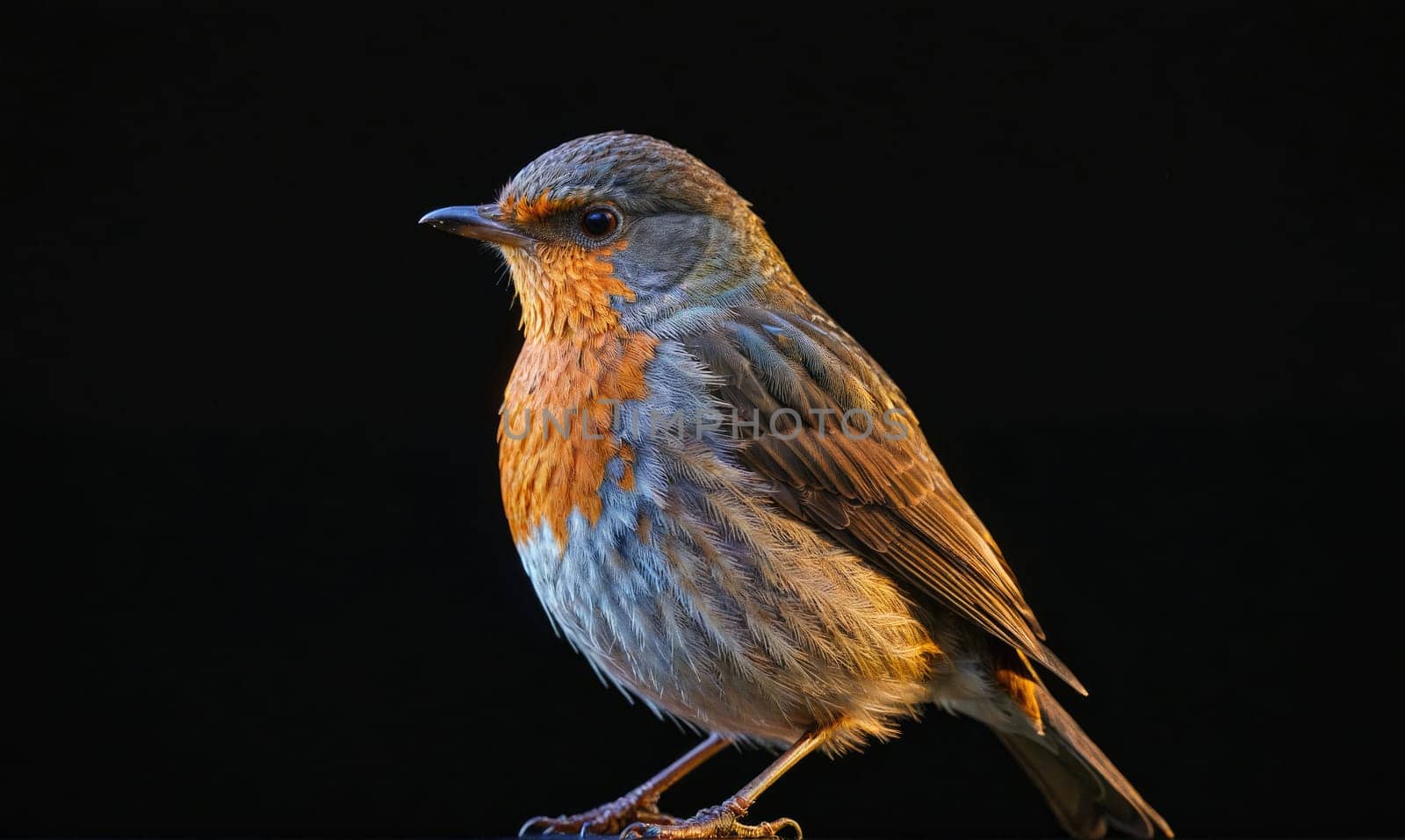 A robin with gray and brown feathers is perched on a branch. The robin's orange breast is visible as it looks to the left. The background is black.