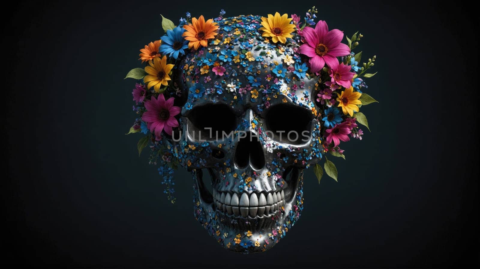 A detailed image of a silver skull with a wreath of colorful flowers. The skull is positioned against a dark background, emphasizing the vibrant hues of the flowers.