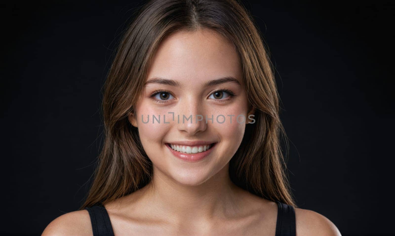 A young woman with long, flowing brown hair is looking directly at the camera. She is wearing a black tank top and has a bright, genuine smile on her face.