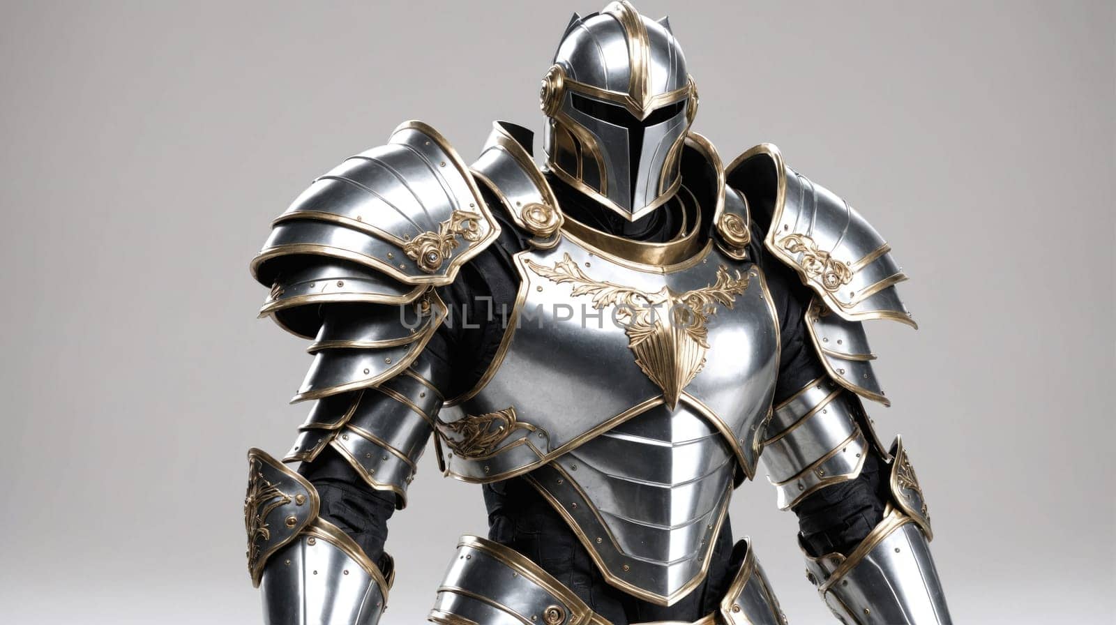 The image features a full-body view of a knight's armor, capturing the detail of the metal plating and gold accents. The armor is sleek and imposing, with a helmet covering the head.