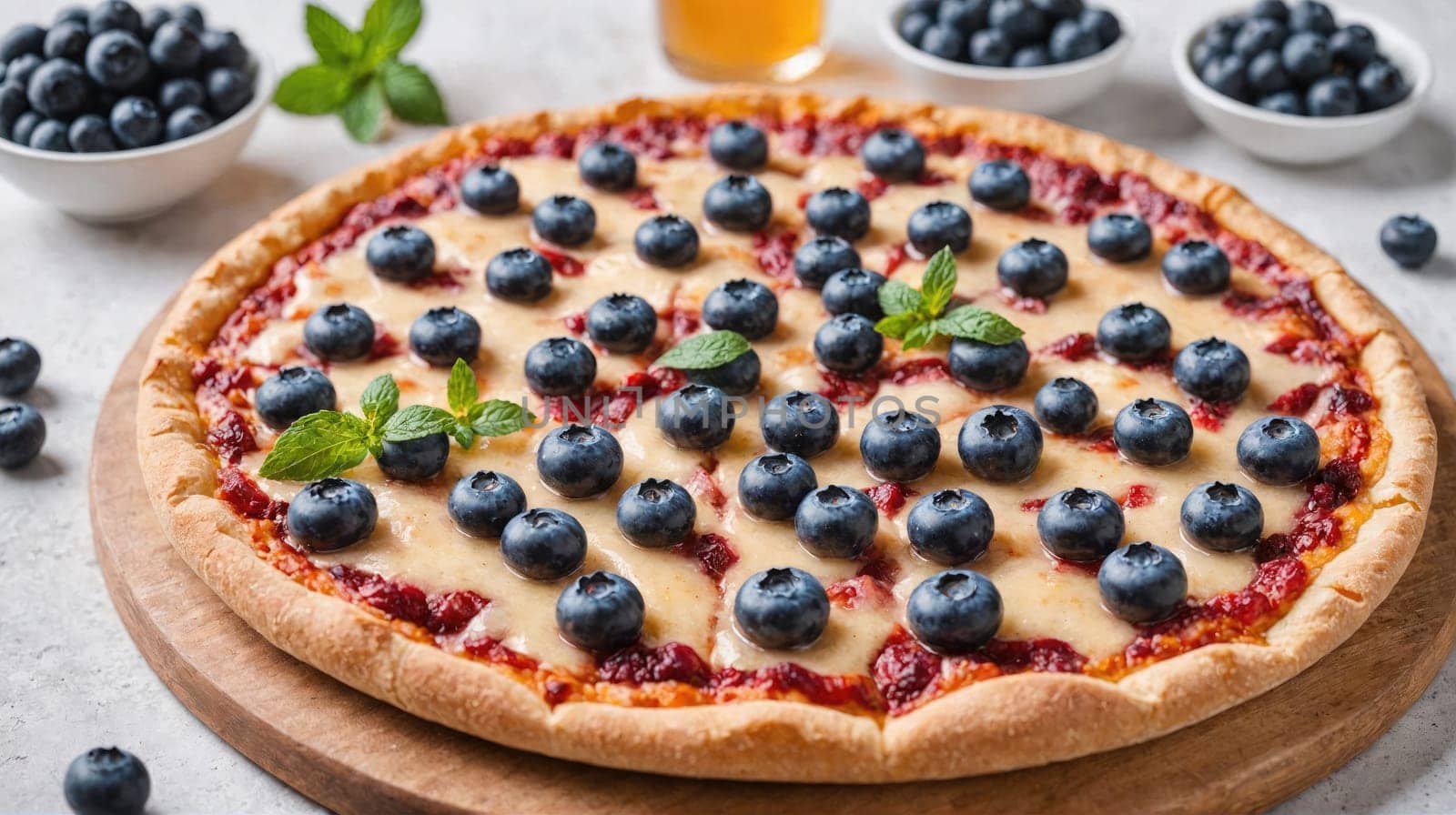 A close-up of a round pizza topped with a red sauce, white cheese, and blueberries. The pizza is sitting on a wooden cutting board, and there are blueberries scattered around the pizza.