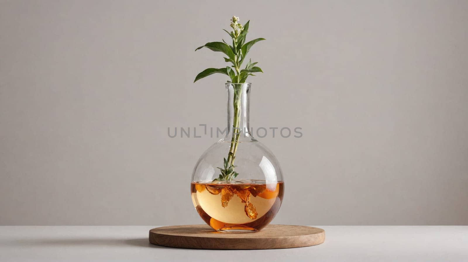 A single stem with leaves and small white flowers sits in a round glass vase filled with amber liquid. The vase is on a round wooden coaster, and the background is a light gray wall.
