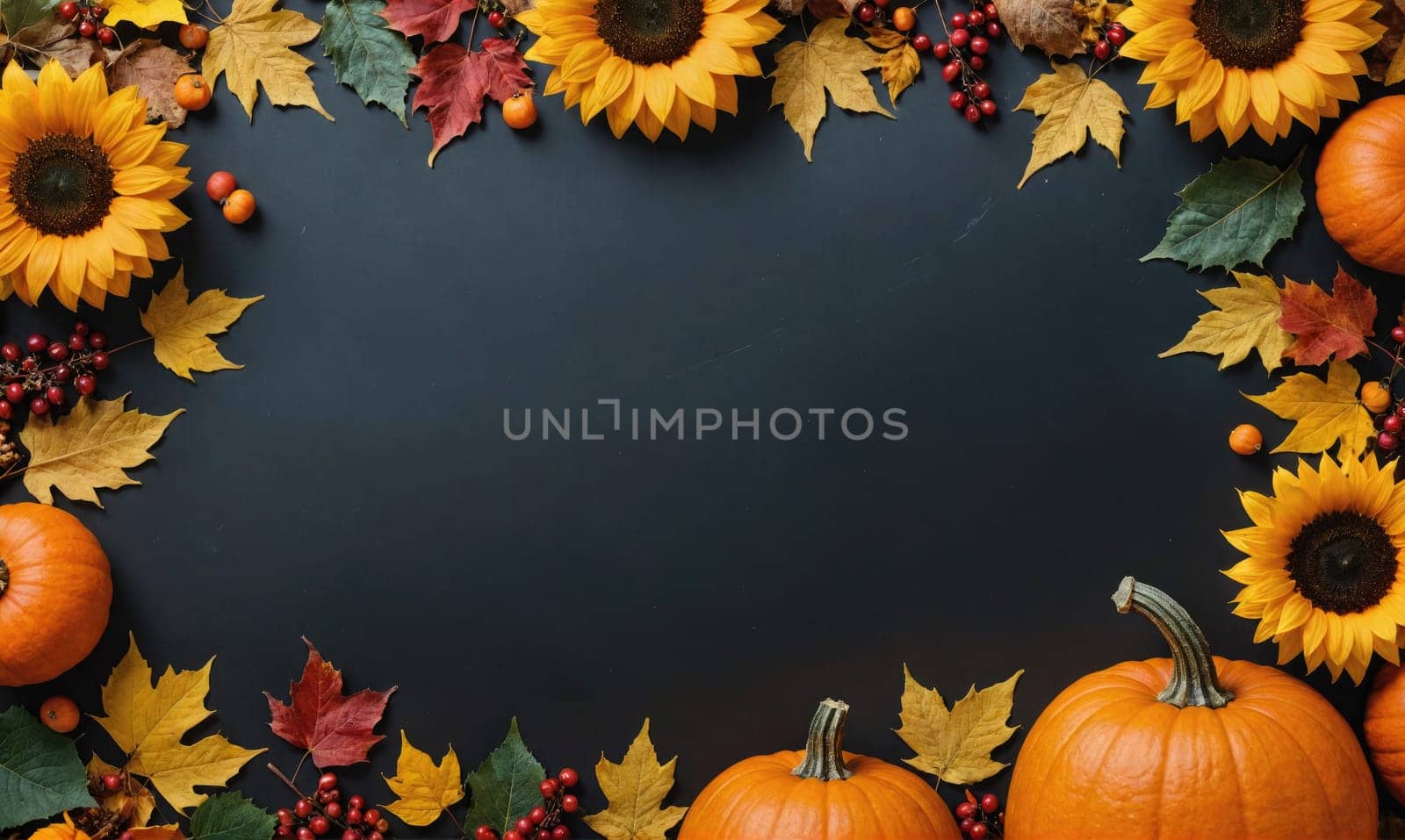 A dark background is adorned with a frame of fall foliage. Pumpkins, sunflowers, and leaves are arranged around the perimeter, creating a seasonal border.