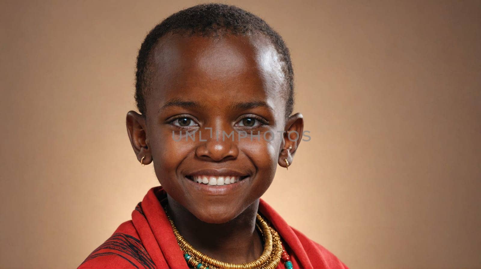 A young girl with dark skin and short black hair smiles widely. She is wearing a red and patterned shirt and multiple necklaces.