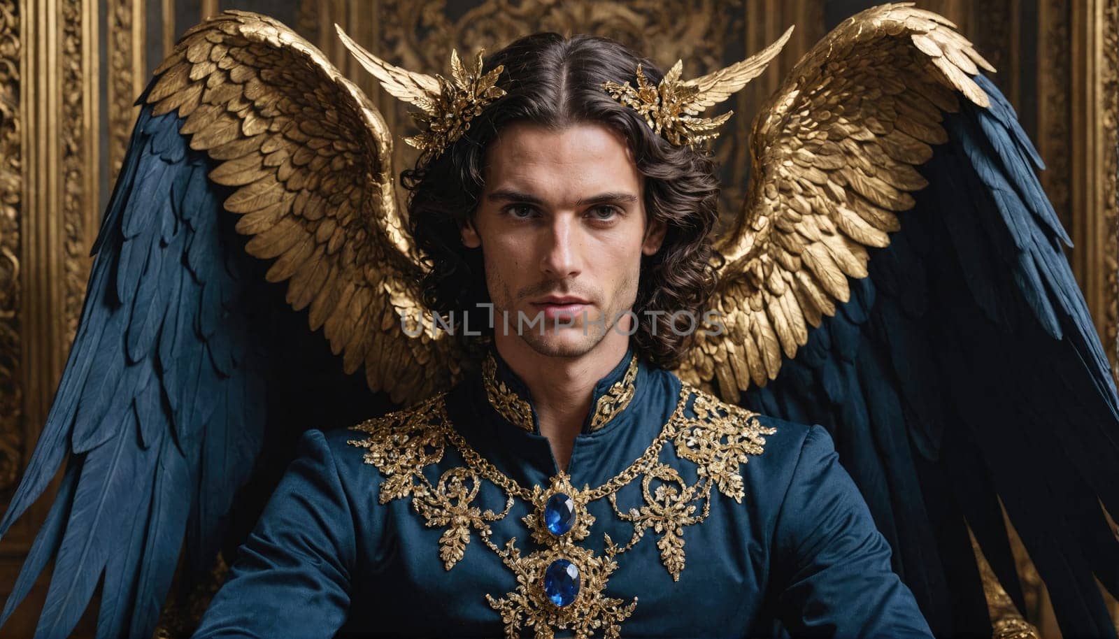 A man wearing a crown of gold leaves and a long, dark hair is sitting on a throne with wings made of gold and blue feathers.