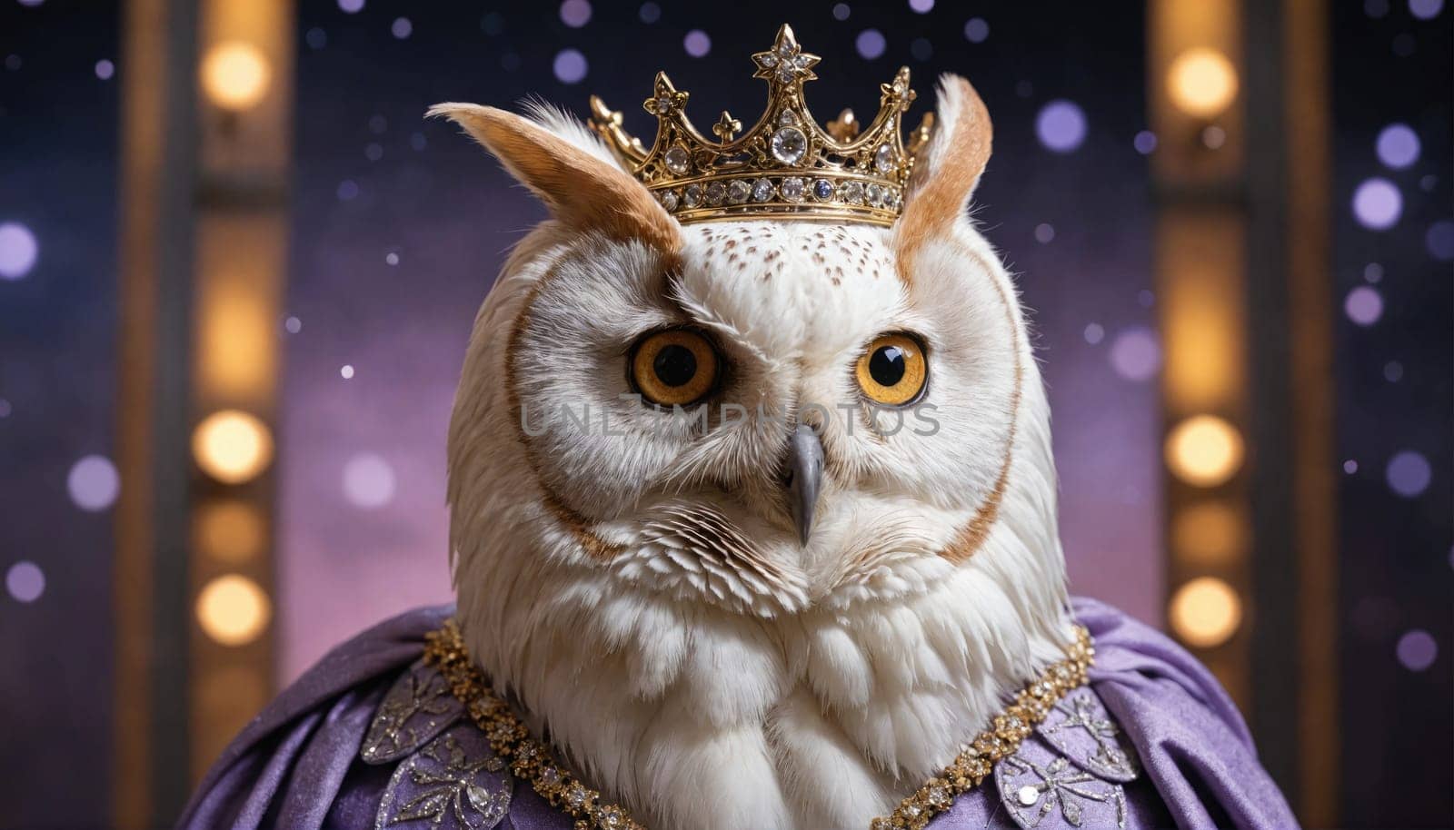 A white owl with yellow eyes sits against a purple and gold backdrop. The owl is wearing a gold crown and a purple robe with a gold necklace.