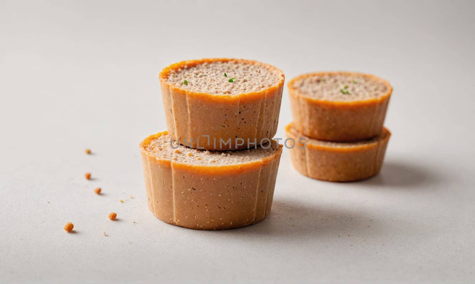 Three small, round, brown treats are stacked on a white surface, with a few small brown seeds scattered around them.