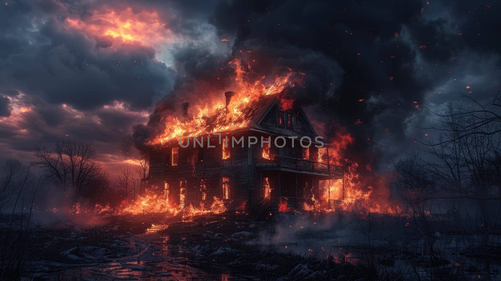 A big fire in a private house. The house is on fire. The house is on fire.