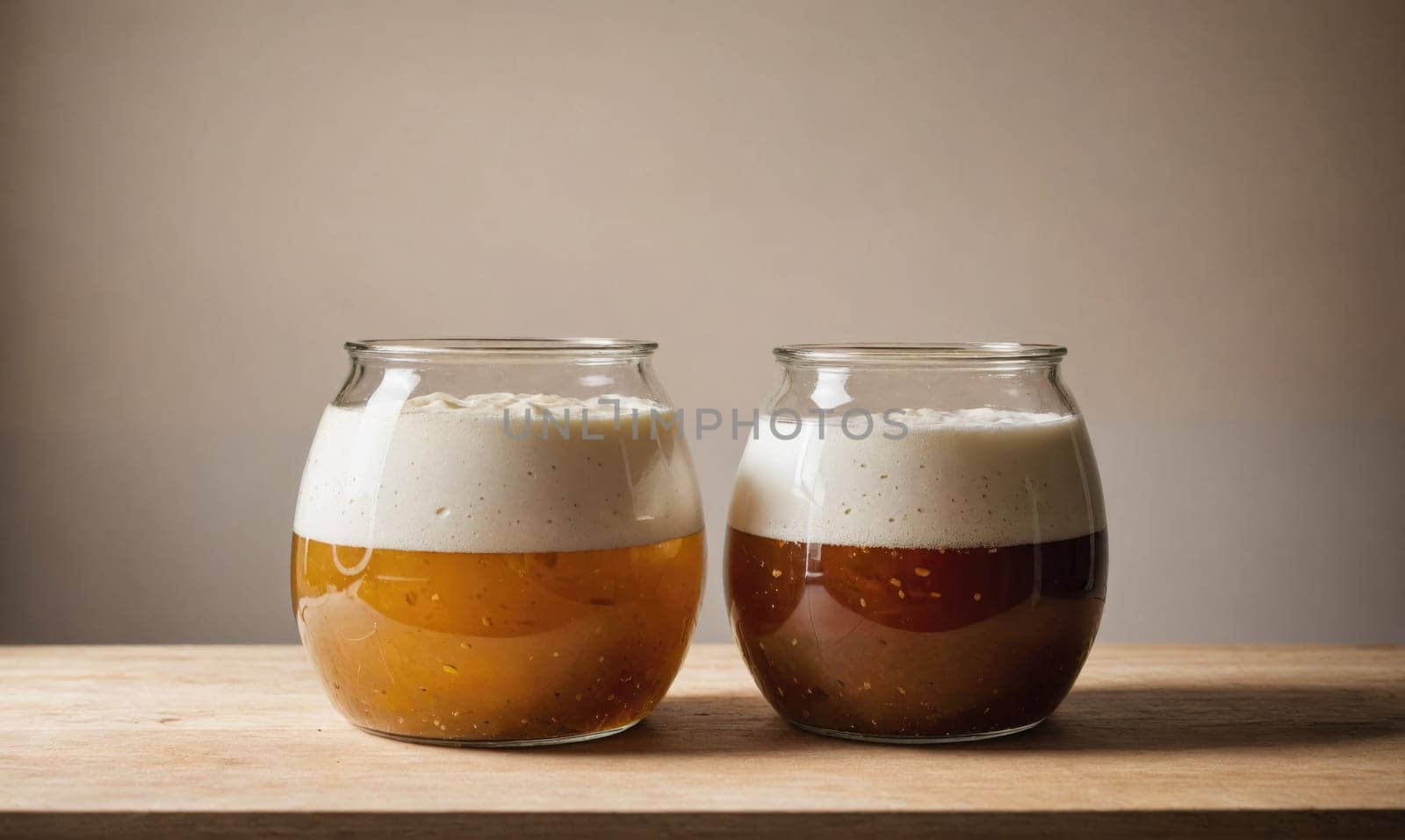Two clear glass jars containing sourdough starter sit side-by-side on a wooden surface. Each jar has a thick layer of white, bubbly starter on top, and a darker layer of liquid beneath.