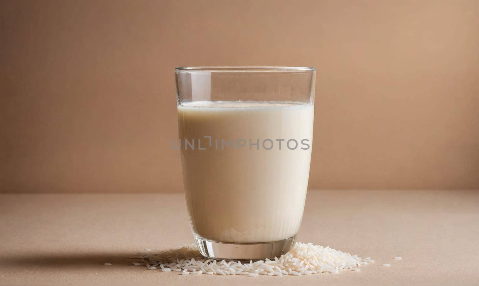 A glass of rice milk is sitting on a table with a scattering of uncooked rice in front of it. The glass is clear and shows the white, creamy color of the milk.