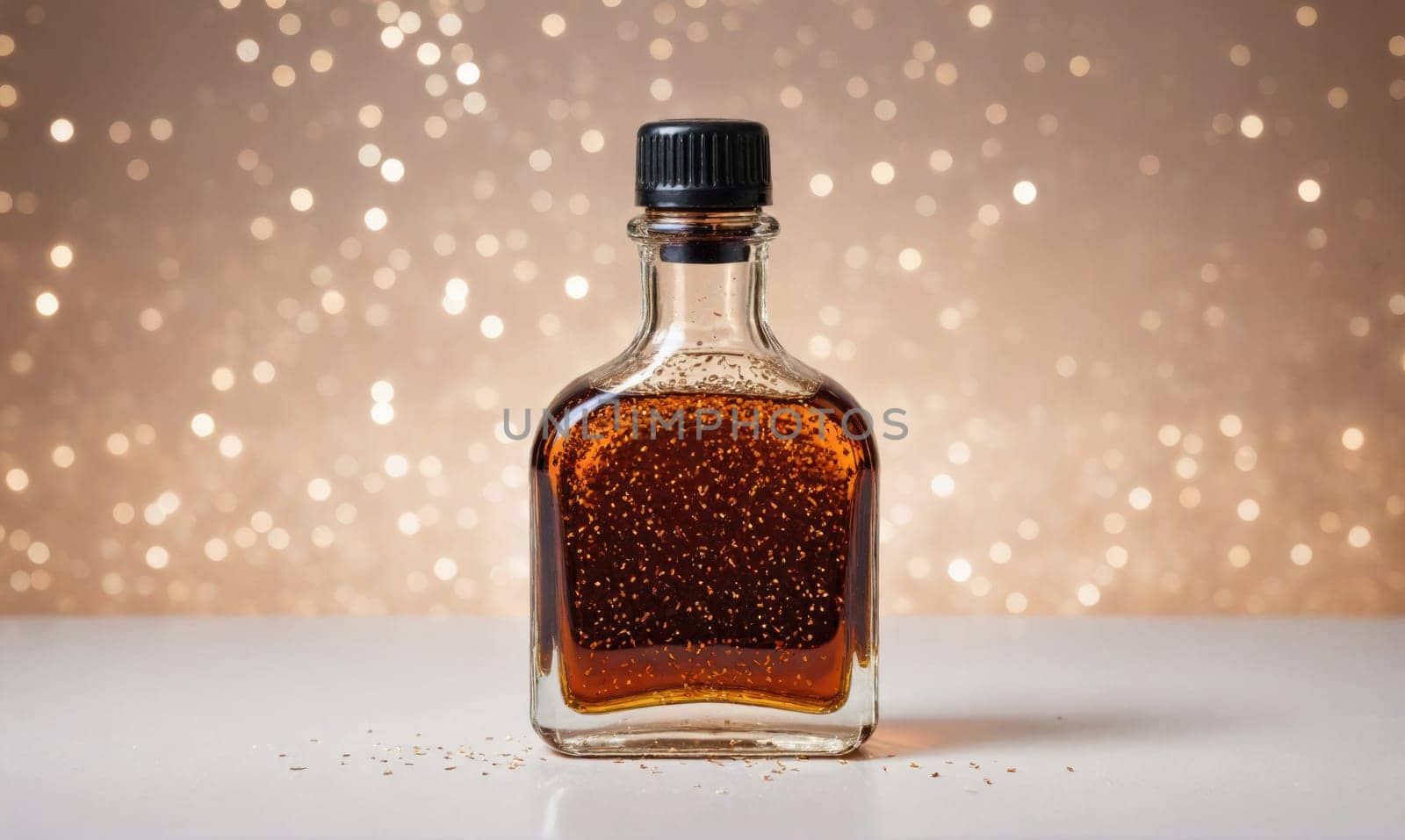A small glass bottle filled with brown liquid sits on a white surface. The bottle has a black lid and is slightly tilted. The background is out of focus and shows small, golden lights.
