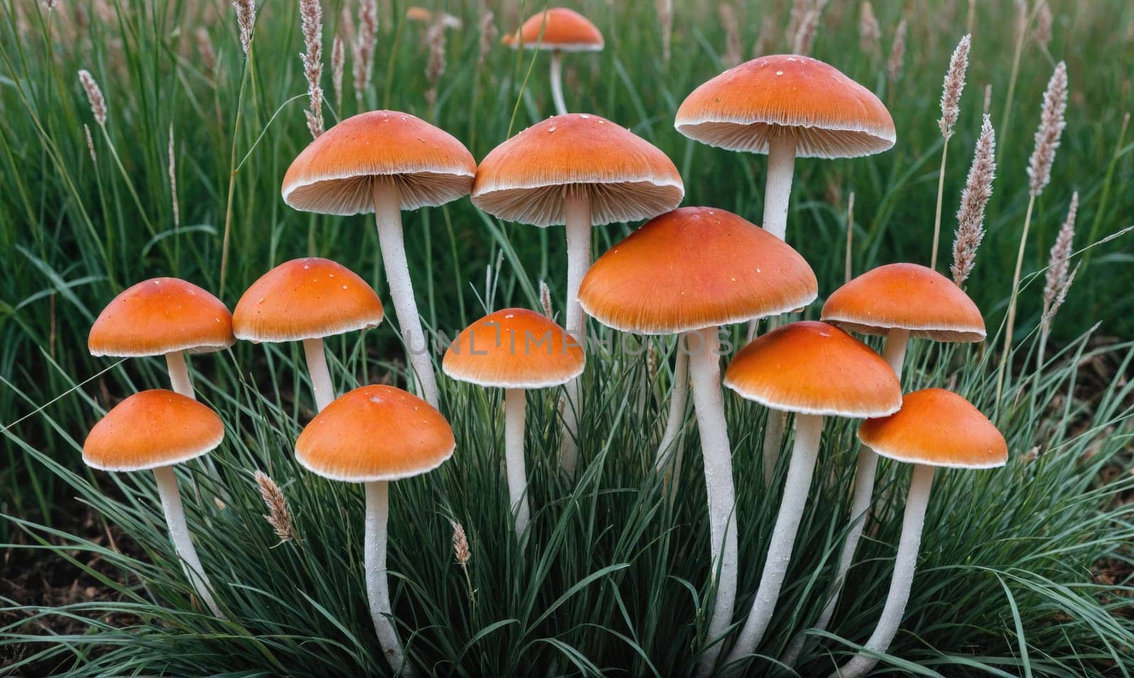 A close-up image of a cluster of orange mushrooms growing in a patch of green grass.