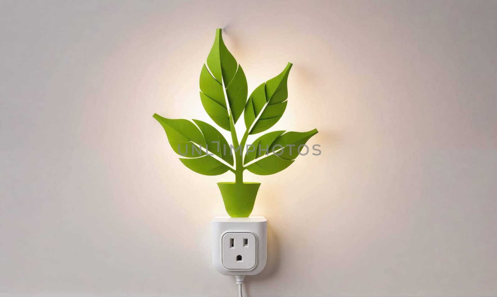 A green plant nightlight is plugged into an outlet on a white wall. The nightlight is shaped like a plant with three leaves and a pot. The light is on, casting a warm glow.
