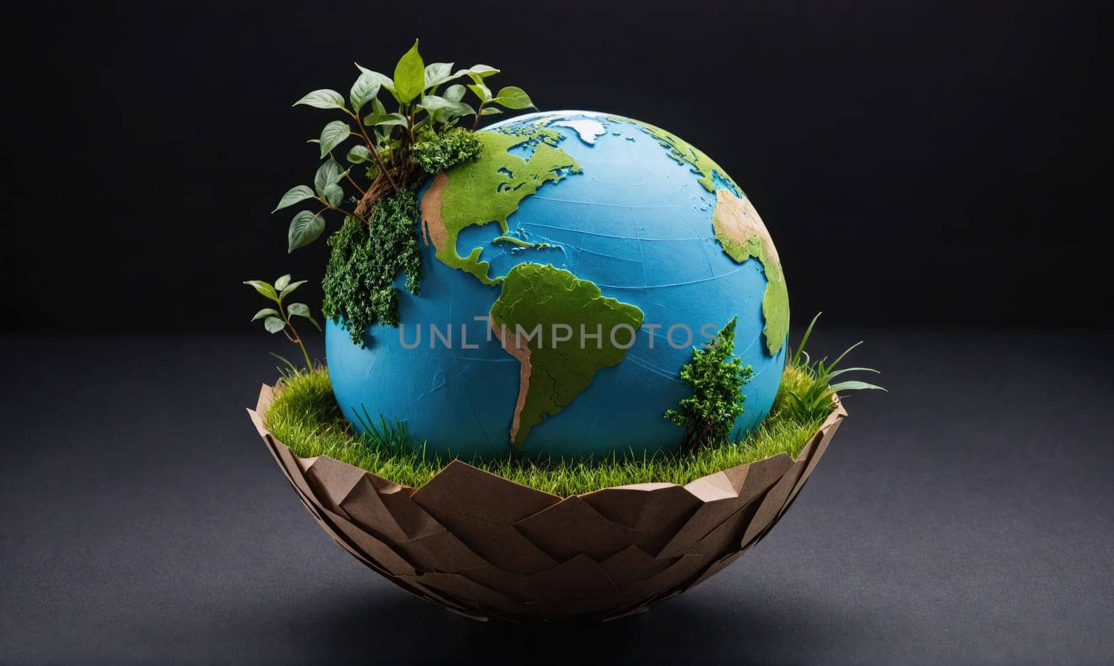 A globe with continents depicted in green and oceans in blue is surrounded by grass and plants, and sits within a brown, textured, bowl-like structure. The background is a dark grey color.