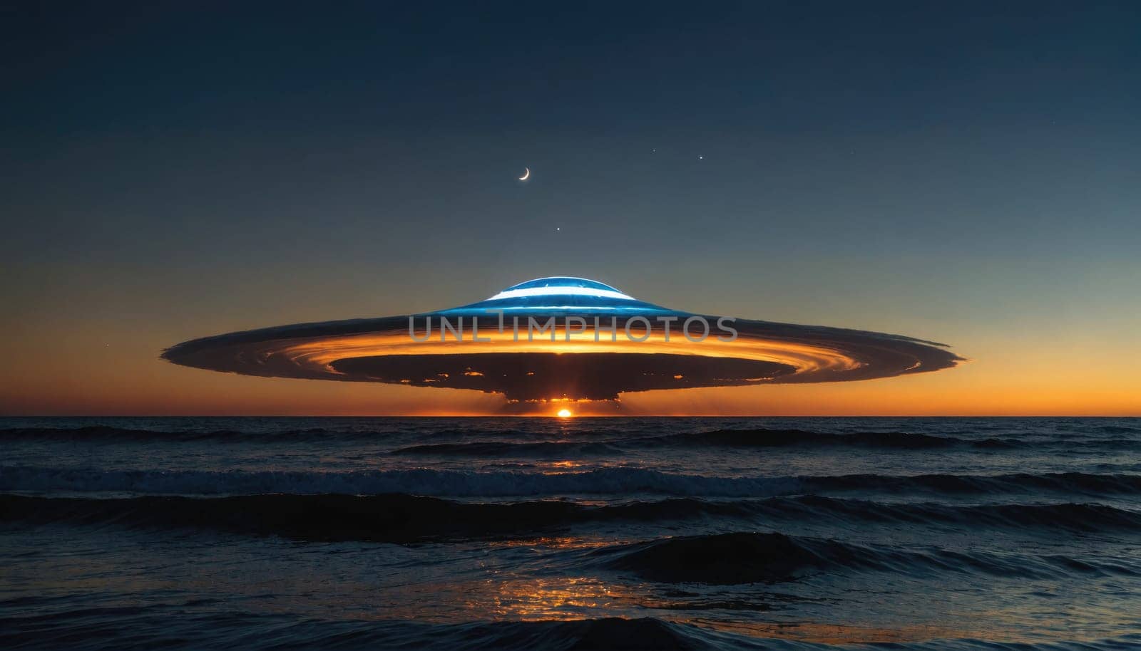 A large, round cloud formation with concentric rings of orange and blue hues hangs low in the sky above a dark ocean. The sun is setting in the distance, casting an orange glow across the sky.
