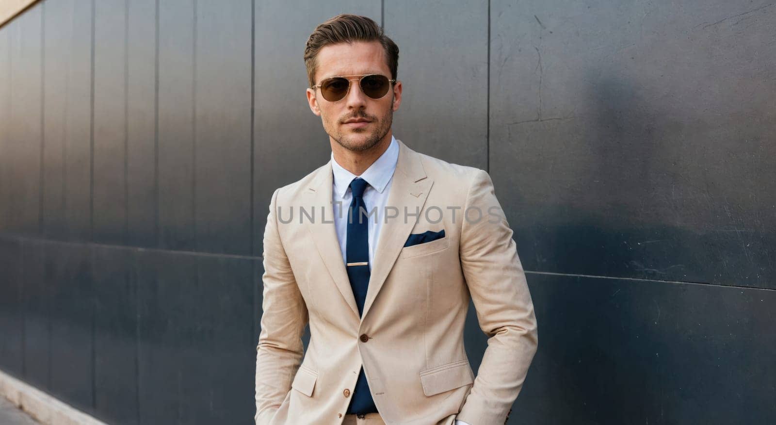 A man is standing outdoors against a dark grey wall. He is wearing a tan suit jacket, a white collared shirt, a dark blue tie, and sunglasses. He is looking directly at the camera.